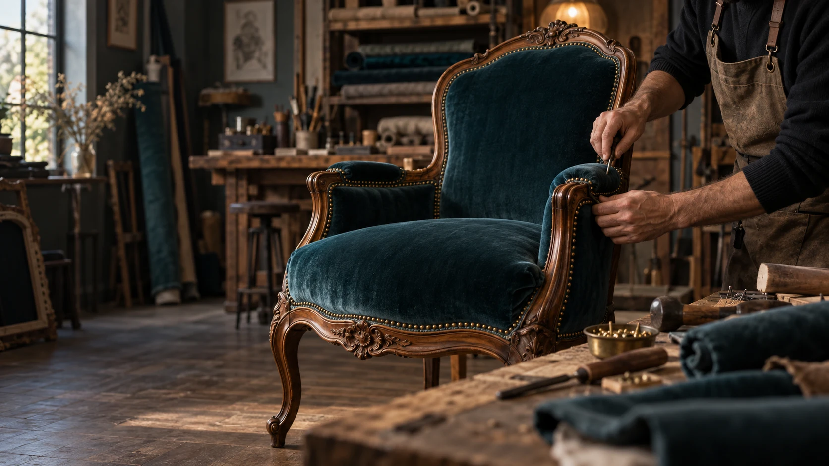 Illustration d’un fauteuil de style restauré dans un atelier de tapisserie