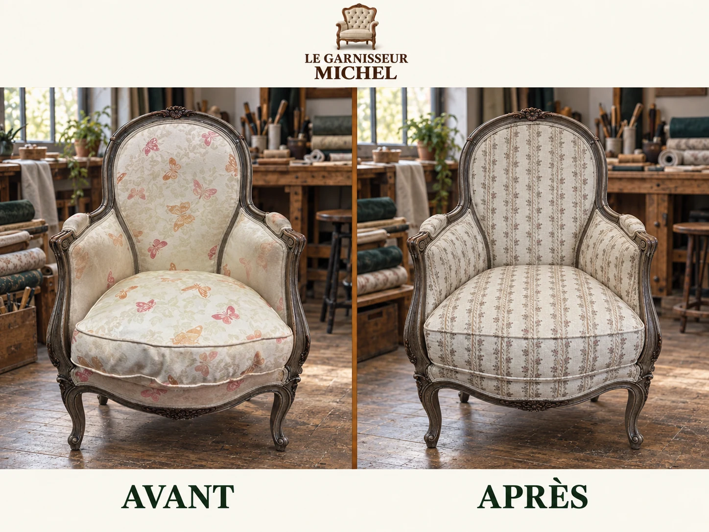 Fauteuil médaillon à motifs : avant à gauche, après à droite