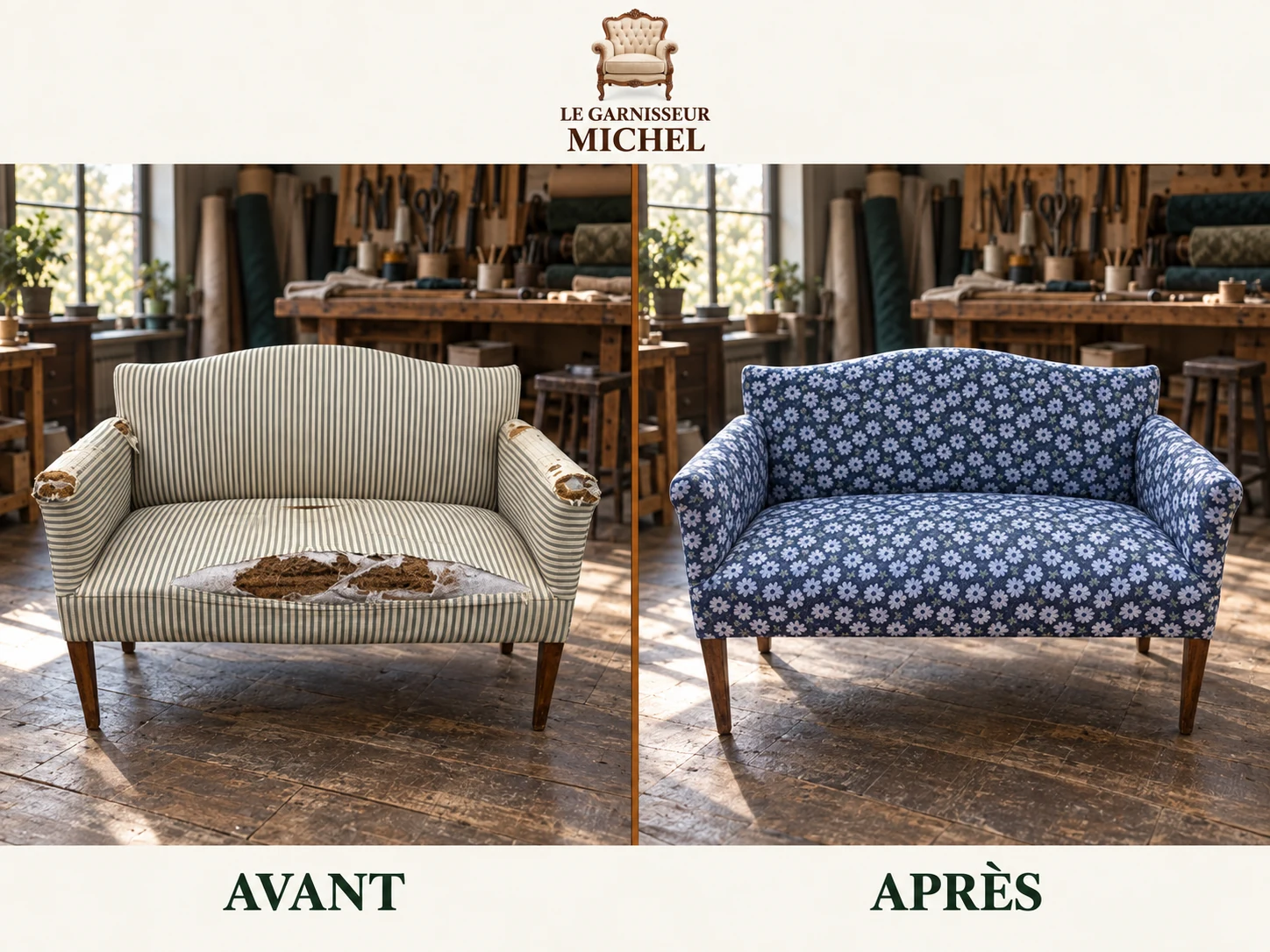 Petit canapé au tissu fleuri bleu : avant et après