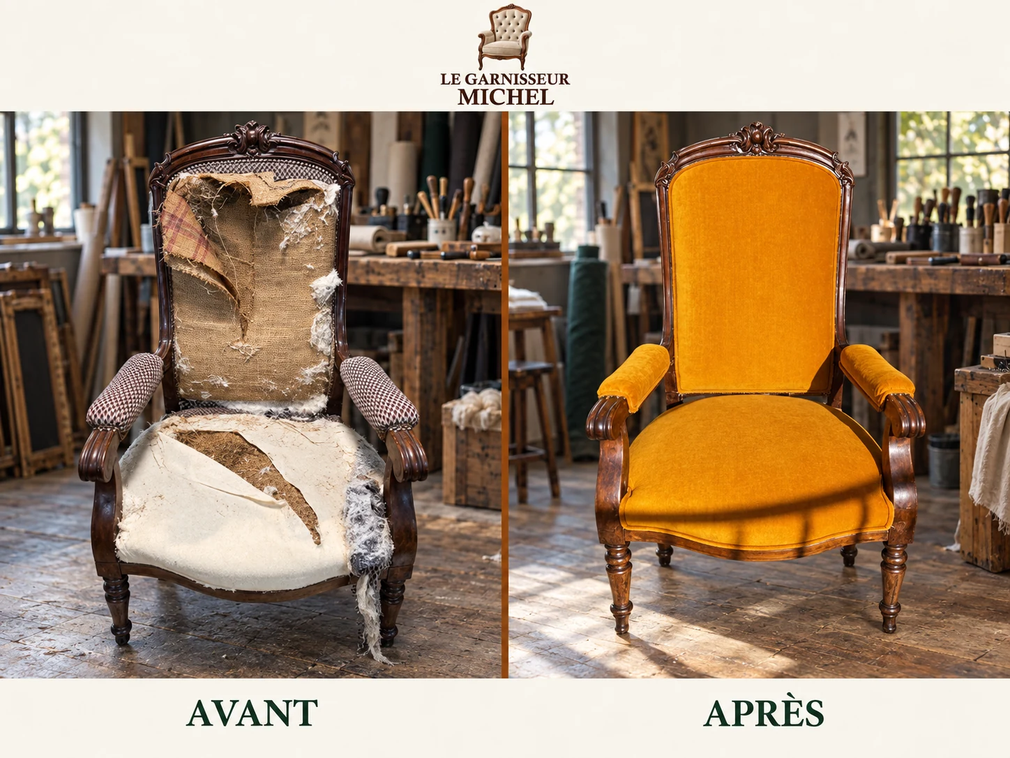 Fauteuil ancien en velours ocre : avant à gauche, après à droite