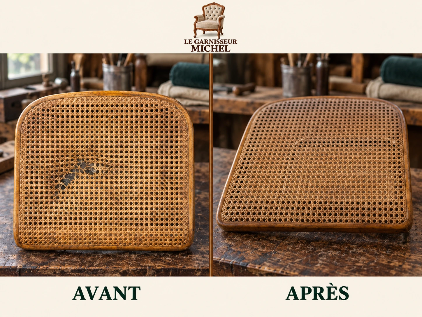 Réfection d’une assise cannée : avant à gauche, après à droite