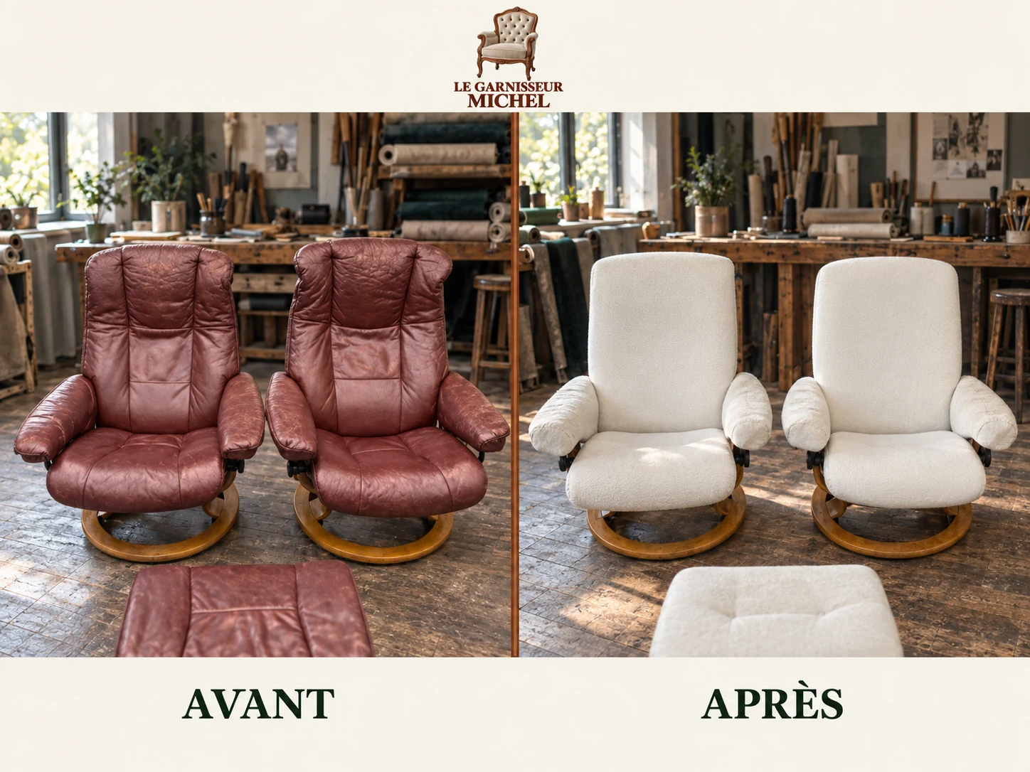 Fauteuils de détente avec repose-pieds : avant à gauche, après à droite